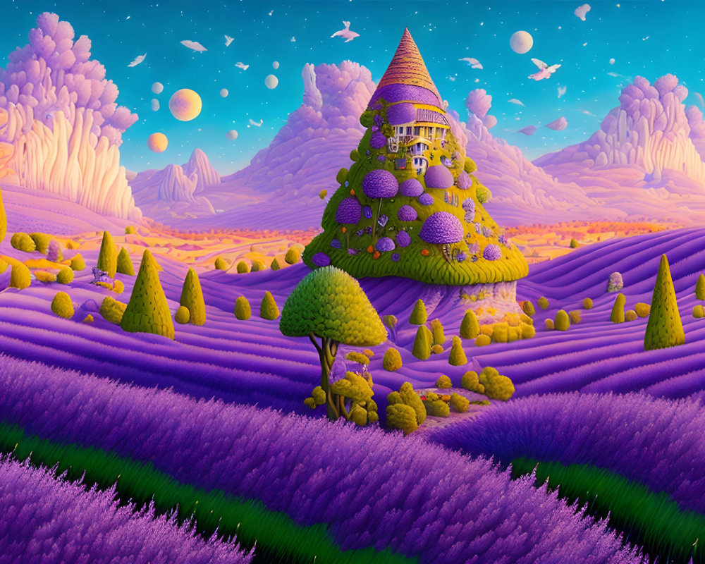 Fantasy landscape with purple fields, whimsical trees, and multiple moons in the sky