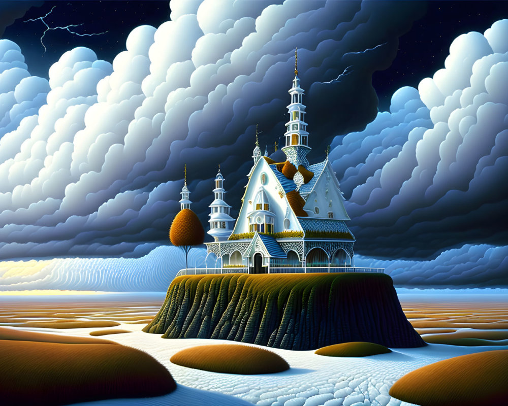 Digital Art: Fairytale Castle on Hill with Sand Dunes and Stormy Sky