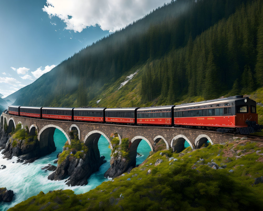 Red train crossing viaduct over turquoise river in forested hills under blue sky.