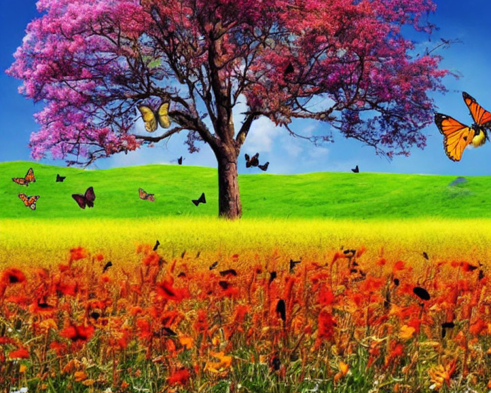Colorful Landscape with Pink Tree, Butterflies, and Orange Flowers
