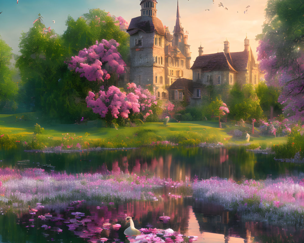 Majestic castle surrounded by gardens, lake, and golden light