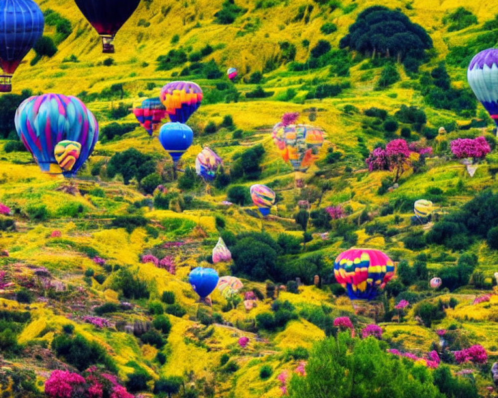 Vibrant hot air balloons over lush green landscape