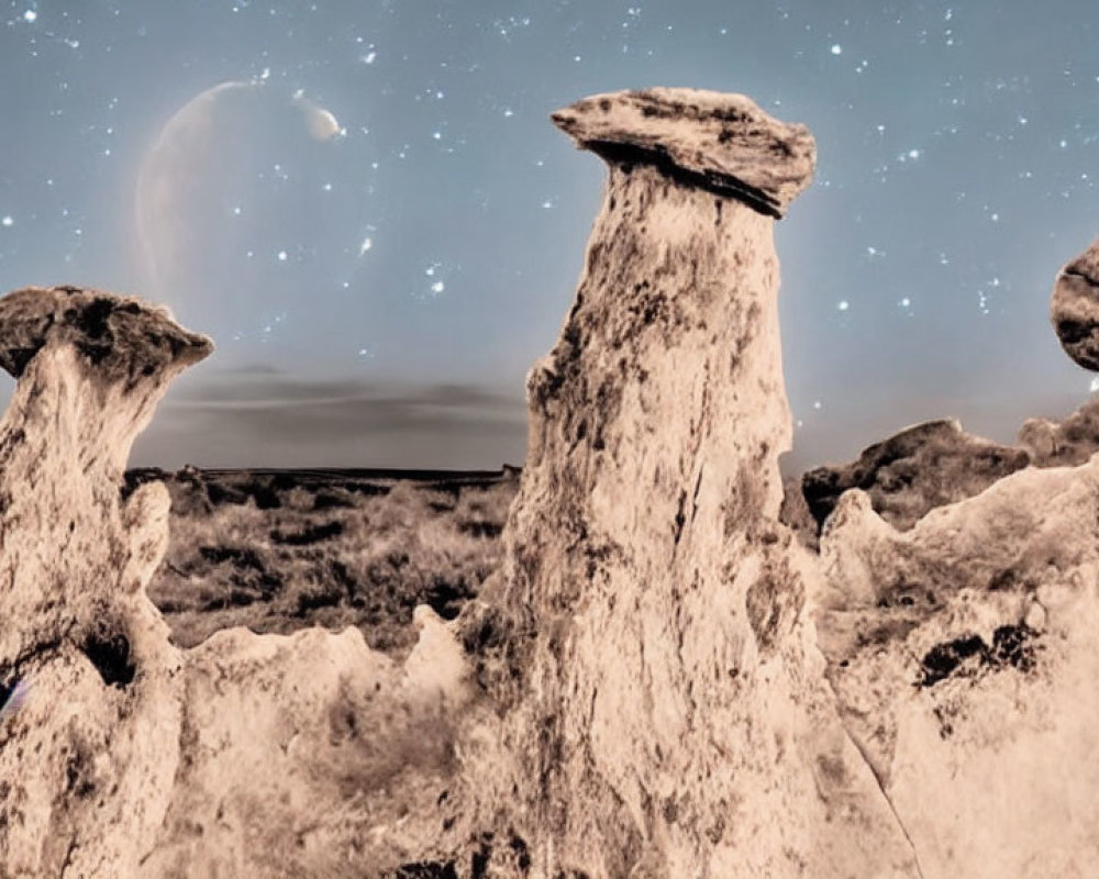 Unique Rock Formations Under Starry Night Sky with Crescent Moon