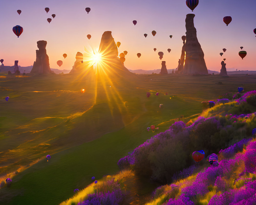 Scenic sunrise with sunburst over rock formations and lavender fields, hot air balloons in sky