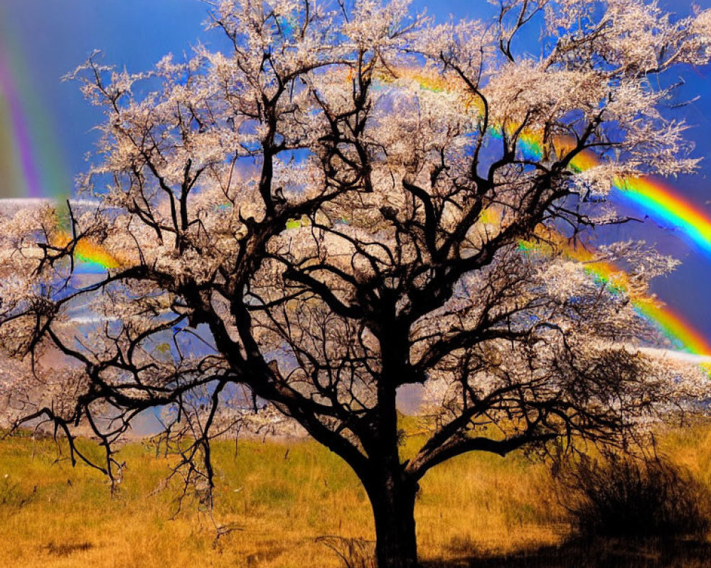 Blossoming tree with white flowers and double rainbow against blue sky