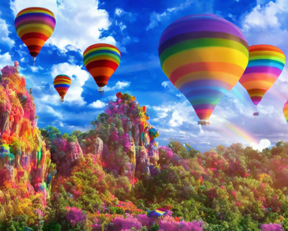 Vibrant hot air balloons over rainbow landscape