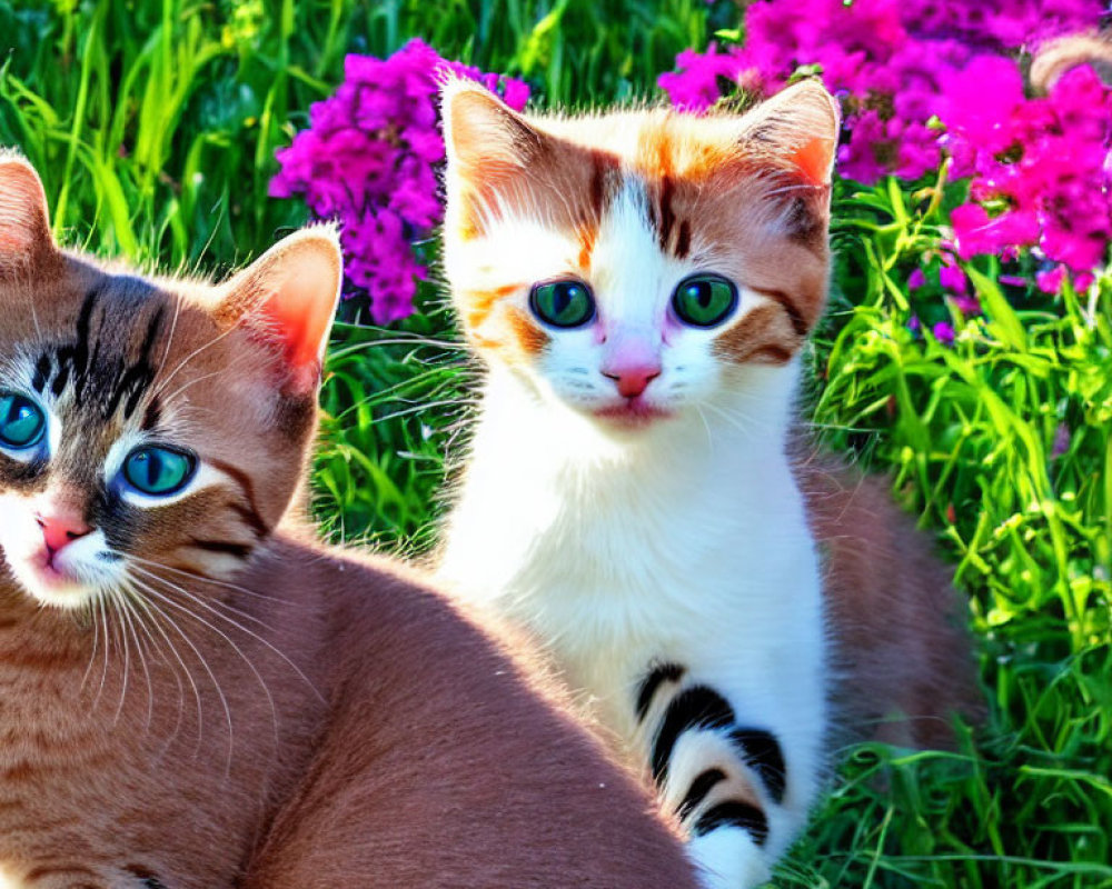 Two Cats with Striking Blue Eyes Among Colorful Flowers in Sunny Garden