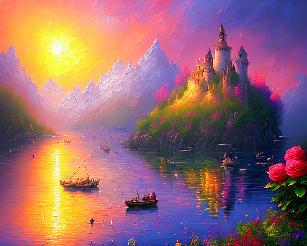 Fairytale castle painting with snowy mountains, lake, and roses