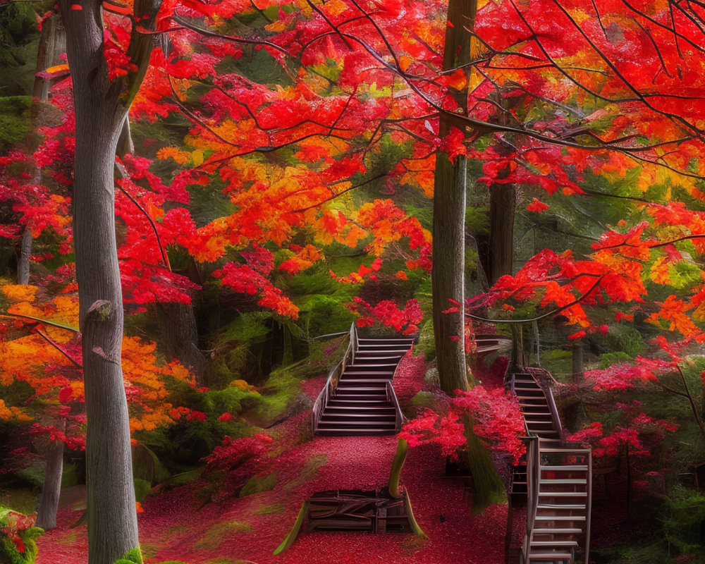 Vibrant autumn forest with meandering stairway and red foliage.