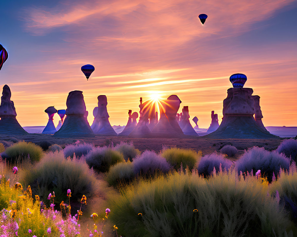 Colorful hot air balloons soar over majestic rock formations and vibrant wildflowers at sunrise