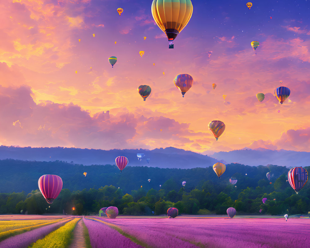 Colorful hot air balloons over lavender field at sunset