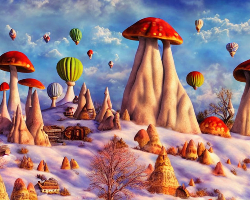 Fantasy Landscape: Mushroom Houses, Snowy Hills, Colorful Balloons