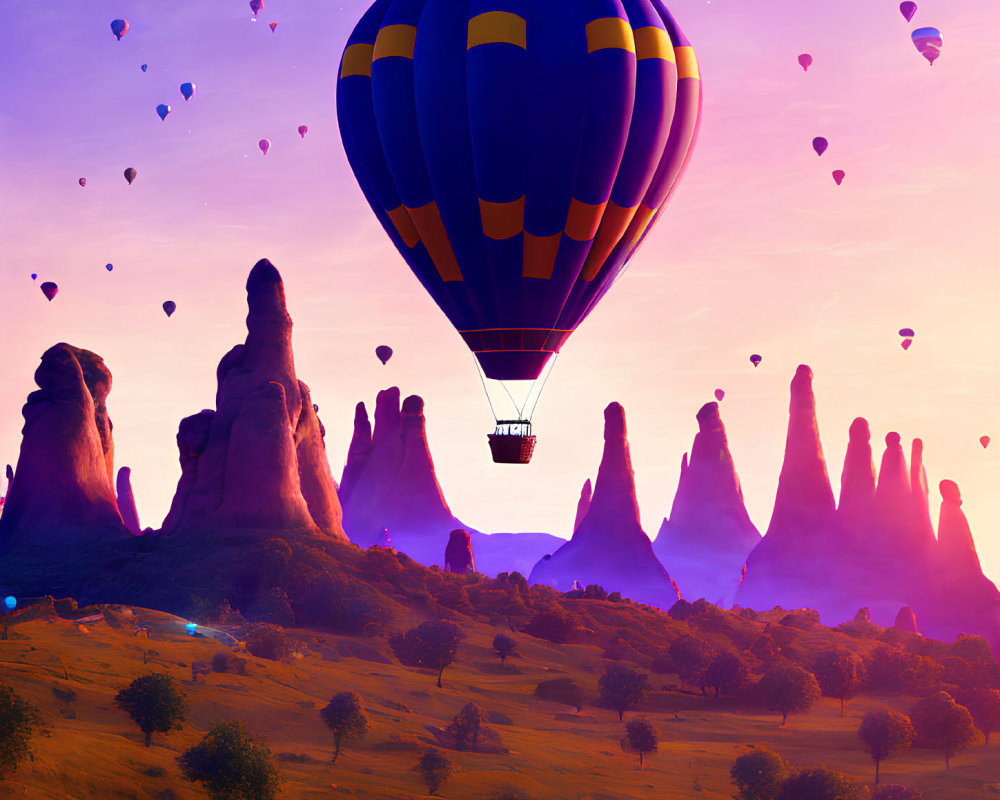 Colorful hot air balloon in scenic sunset landscape with rock formations.