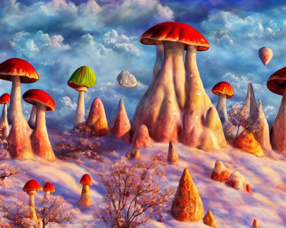 Colorful Oversized Mushrooms in Fantastical Snowy Landscape