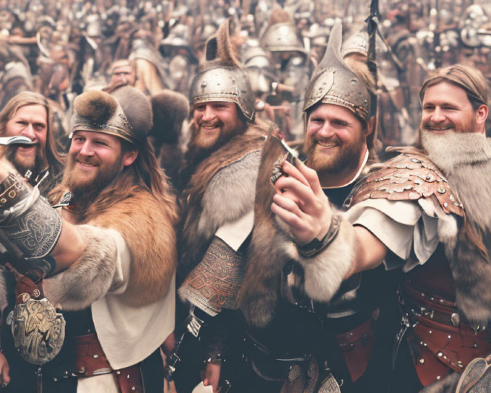 Group of Smiling Vikings in Helmets Taking Selfie