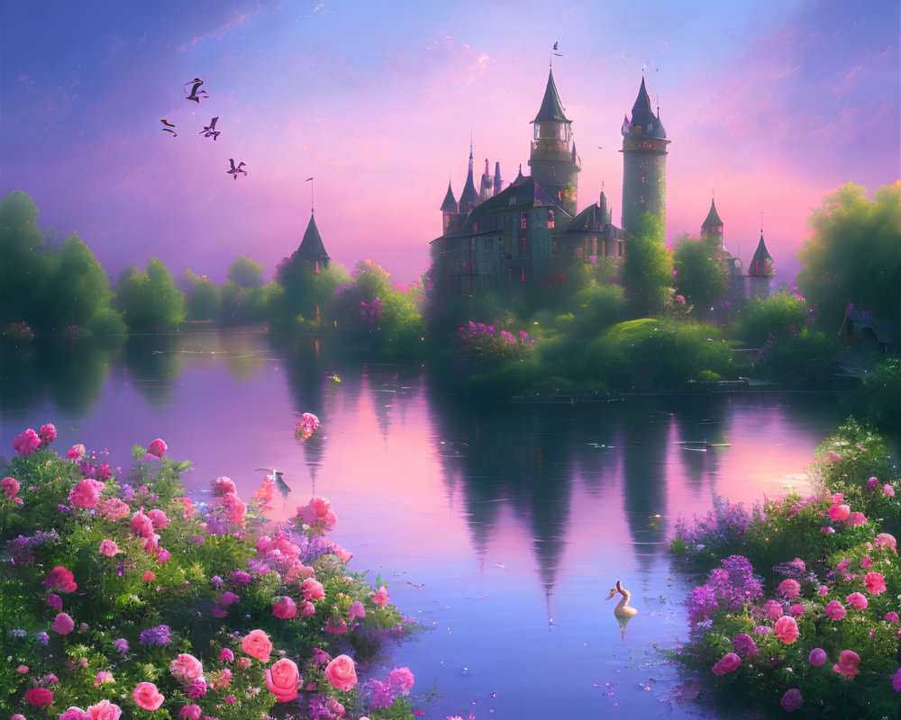 Fairytale Castle Reflecting in Tranquil Lake Amid Pink Roses