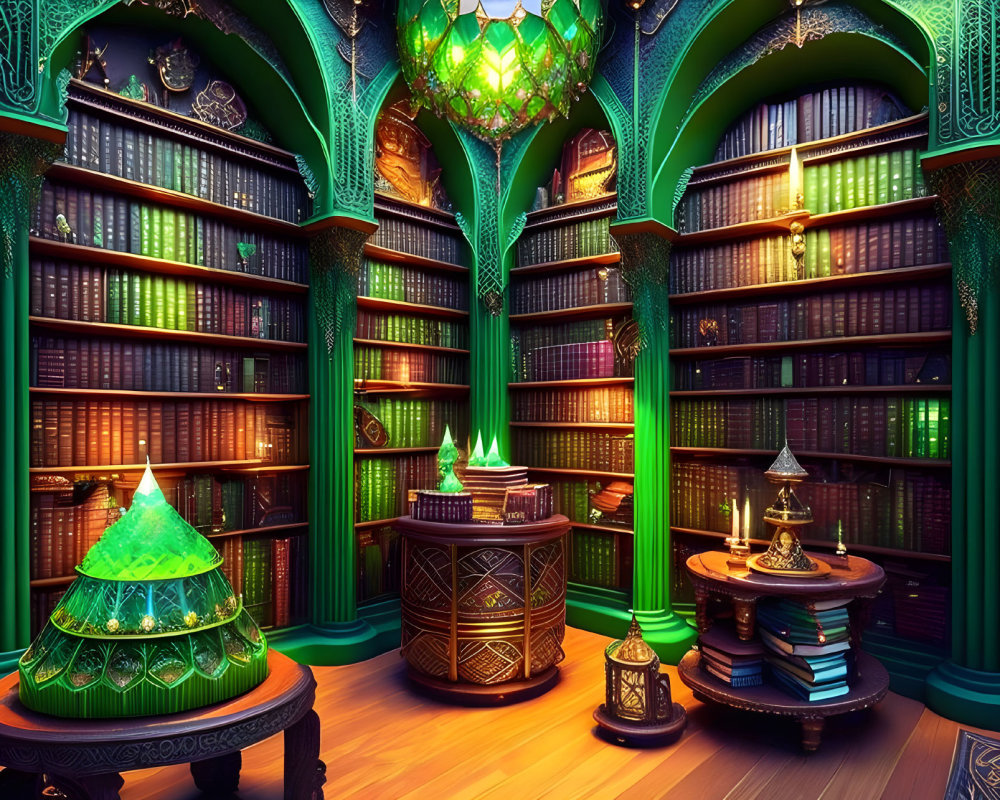 Ornate Green Arches and Stained Glass Lamps in Rich Library