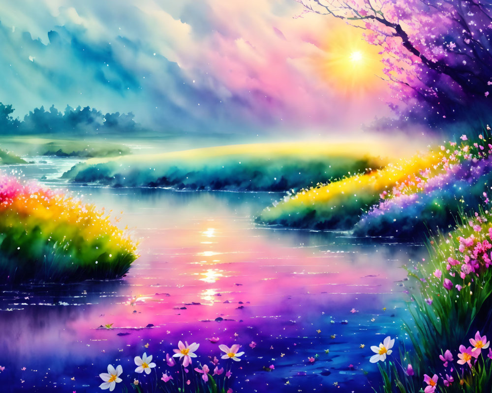 Colorful Sunset Landscape: River, Mist, Flowers