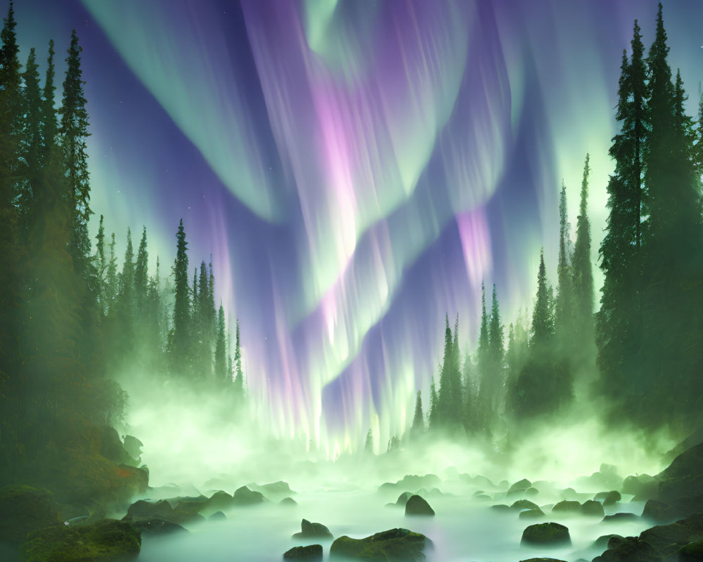 Misty forest and rocky stream under vivid aurora borealis