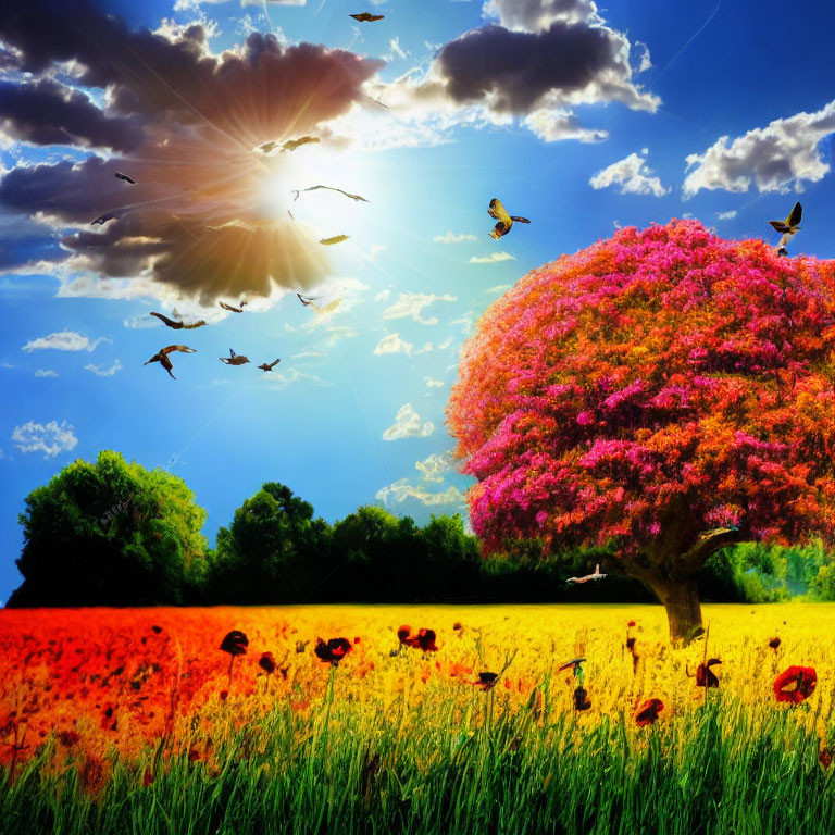Colorful landscape with blooming pink tree, red poppies, birds, and sun rays.