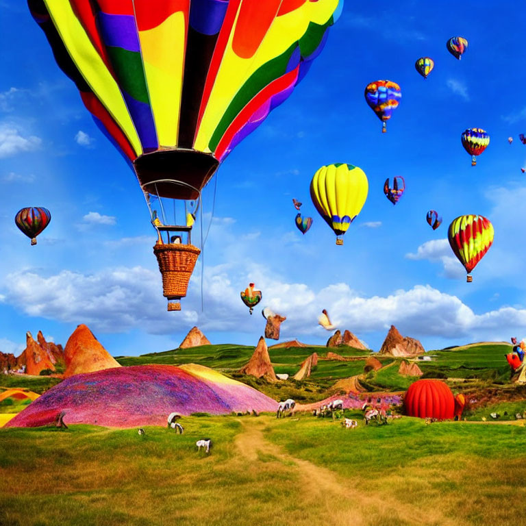 Vibrant hot air balloons over rainbow landscape with sheep and people
