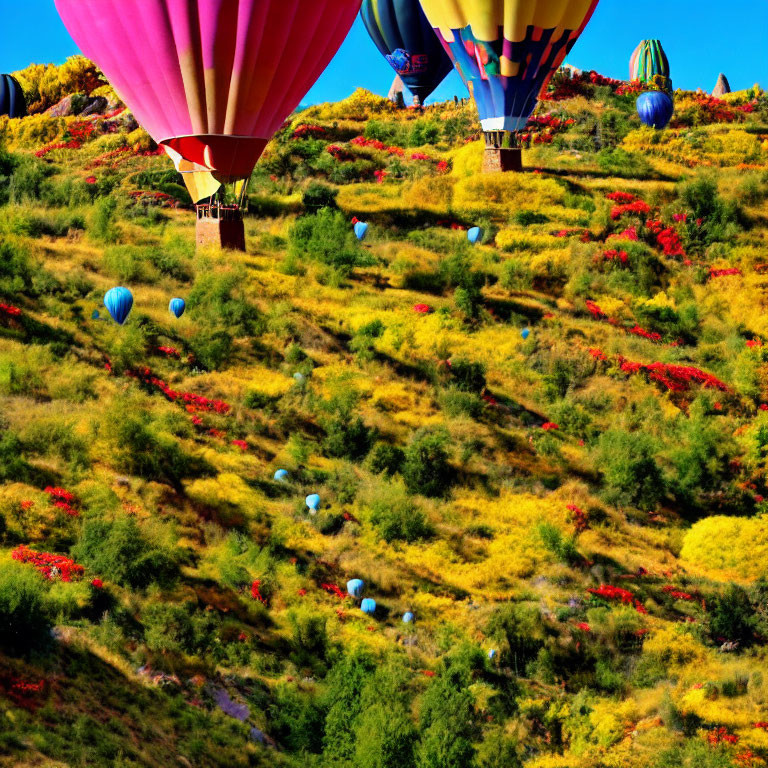 Vibrant hot air balloons over colorful flower-covered hillside