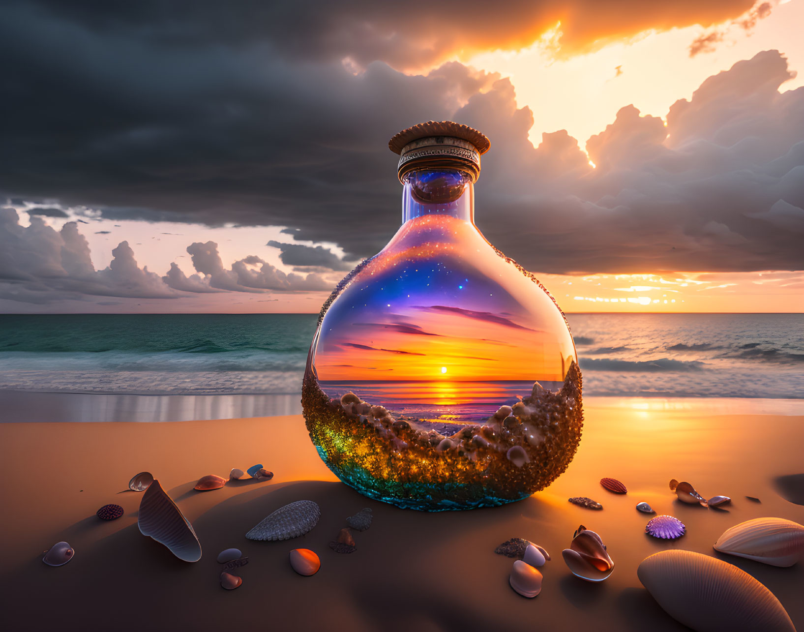 Majestic sunset in glass bottle on serene beach
