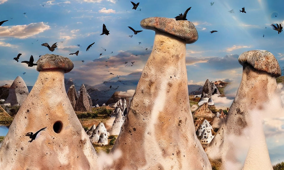 Weathered rock formations with cap-like structures in rugged landscape under bird-filled sky
