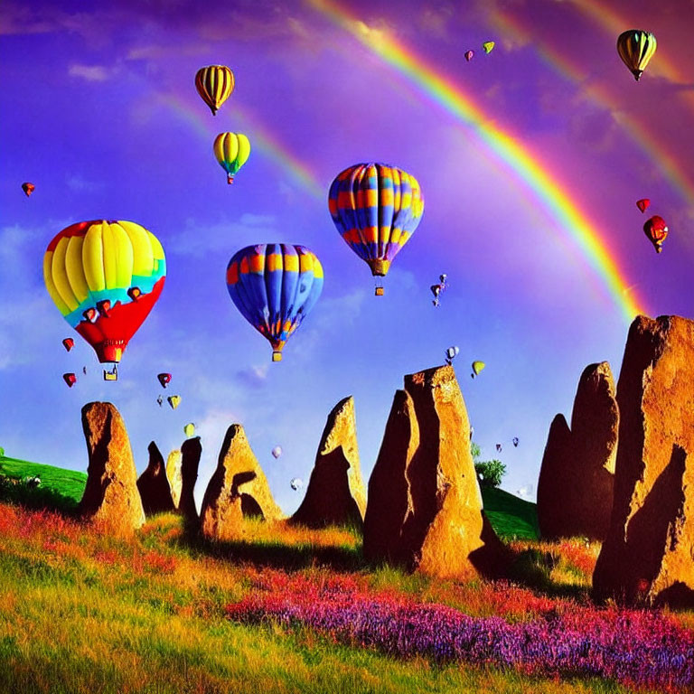 Vivid hot air balloons in colorful sky with rainbow and rocky landscape below