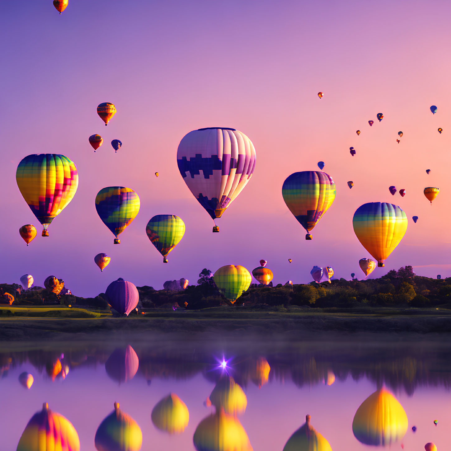 Vibrant hot air balloons in dusk sky over peaceful water
