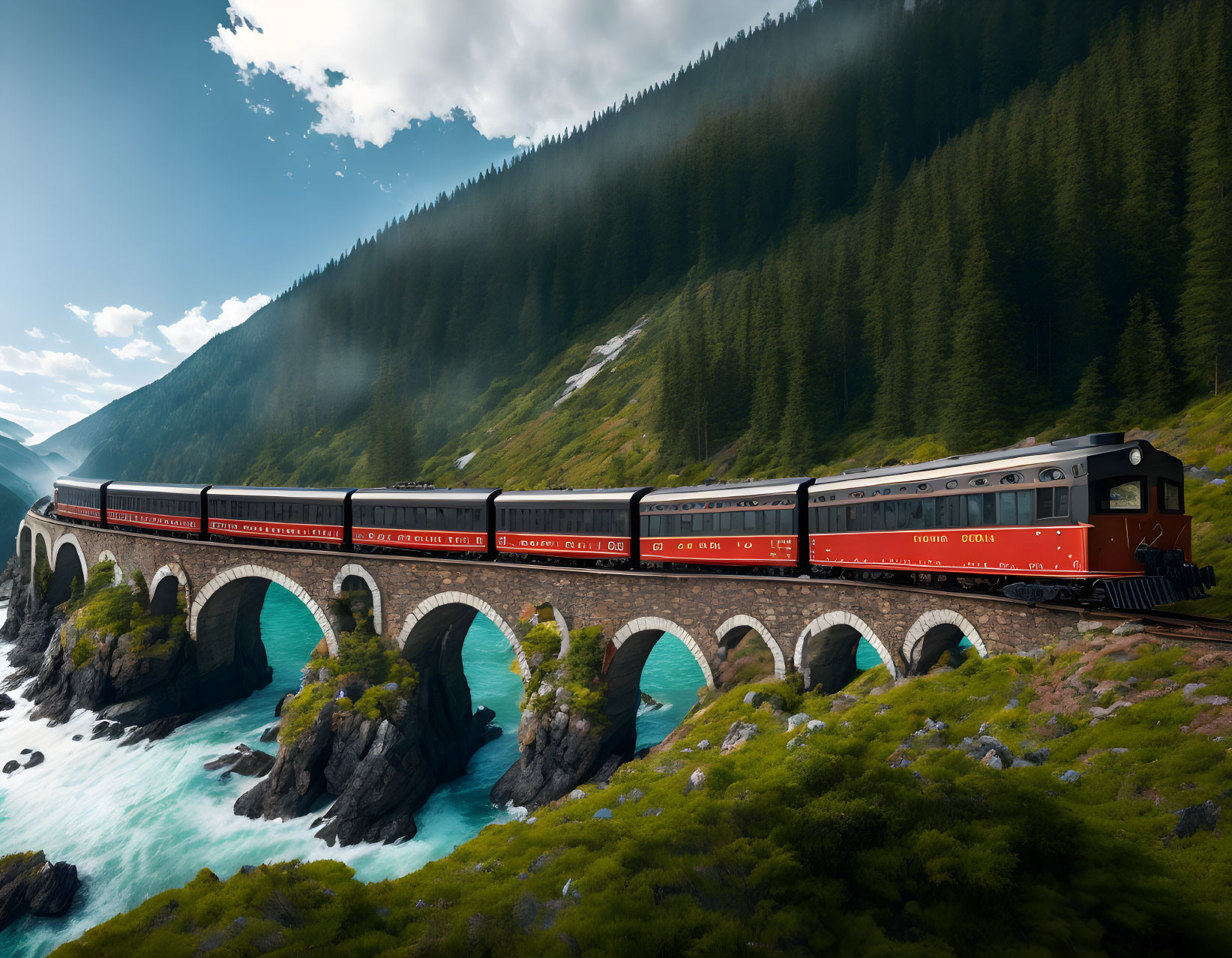 Red train crossing viaduct over turquoise river in forested hills under blue sky.