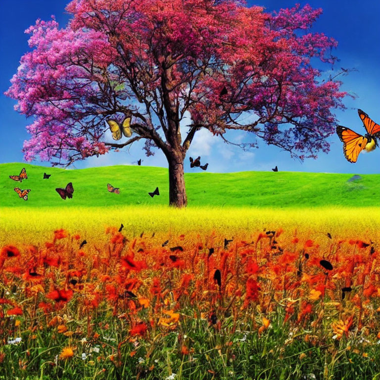 Colorful Landscape with Pink Tree, Butterflies, and Orange Flowers