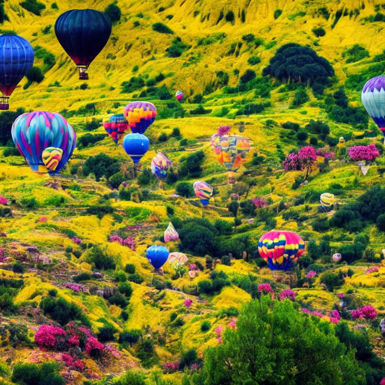 Vibrant hot air balloons over lush green landscape