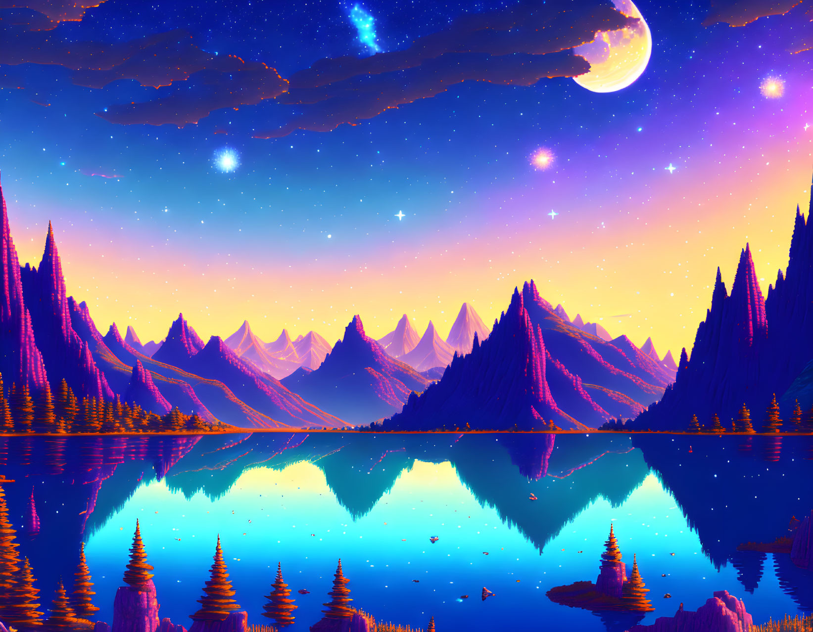 Vibrant digital artwork: Mountain landscape at night with crescent moon