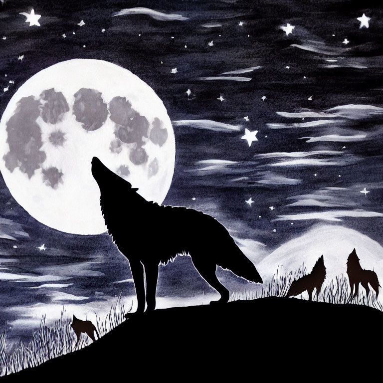 Three wolves under full moon and starry sky.