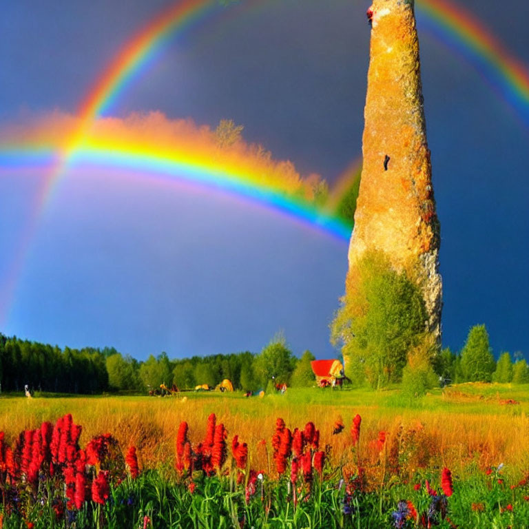 Double rainbow over lush landscape with historic tower