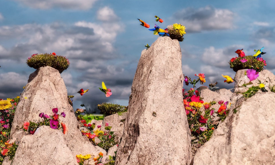 Colorful flowers and birds around rocky spires under a blue sky