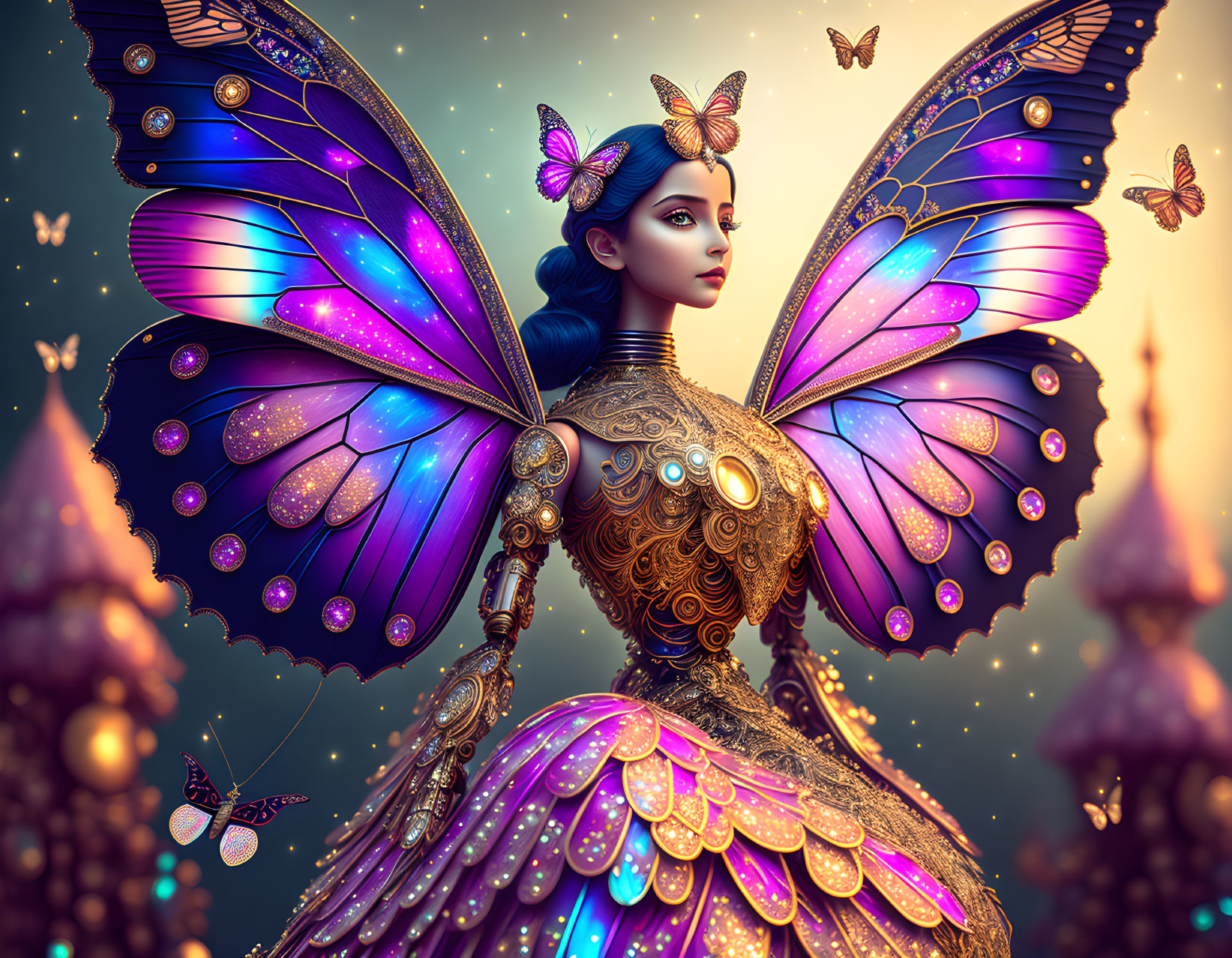 Digital art: Woman with mechanical butterfly wings in fantasy setting