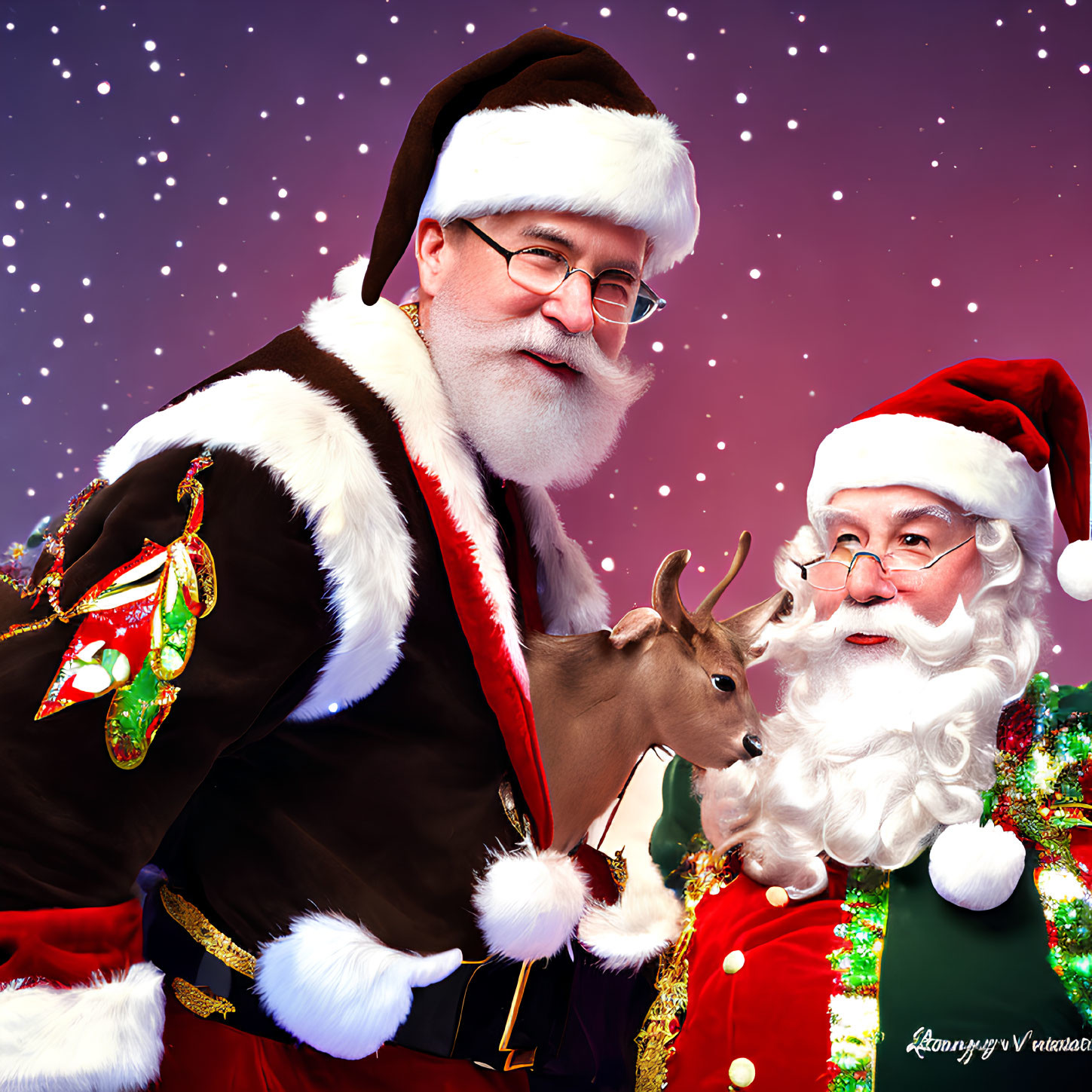 Santa Claus Figures with Reindeer Toy on Snowflake Background