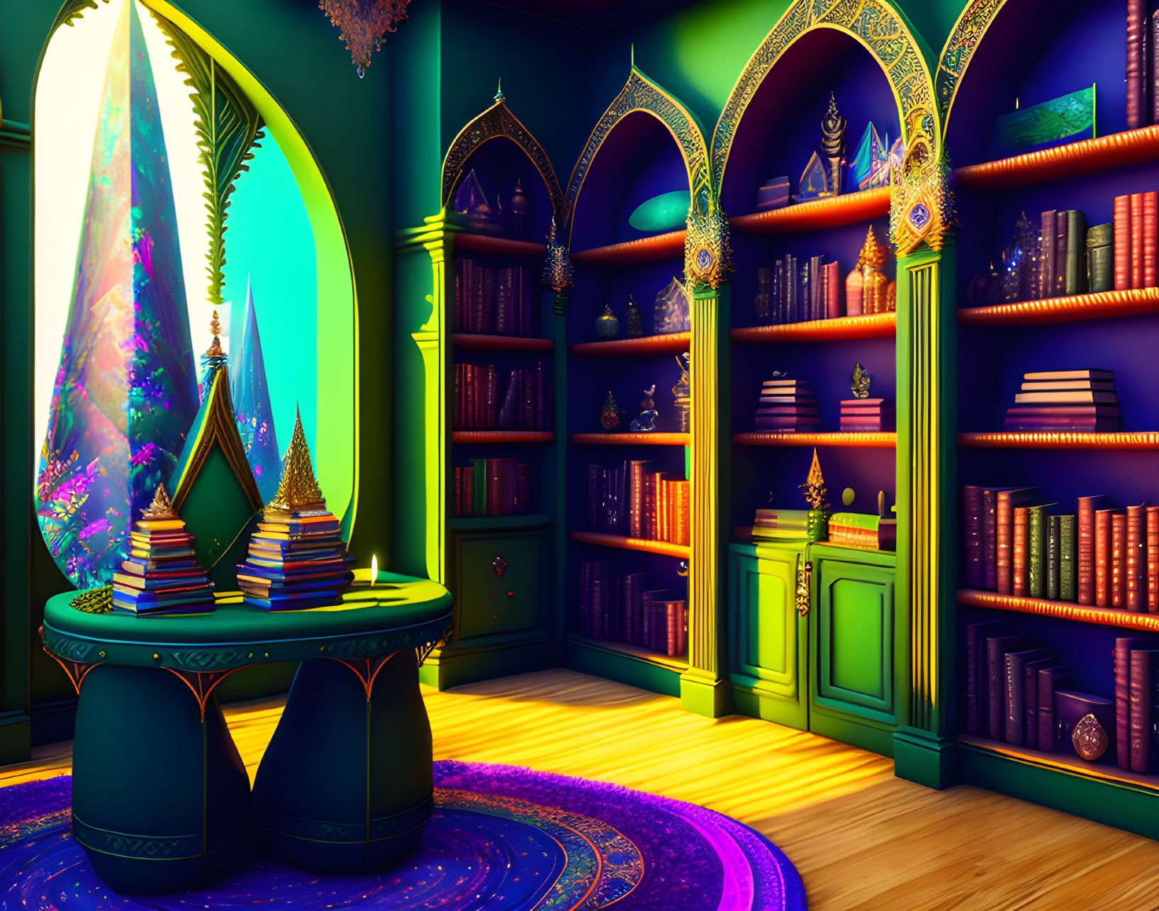 Vibrant fantasy library room with glowing bookshelves and stained glass window