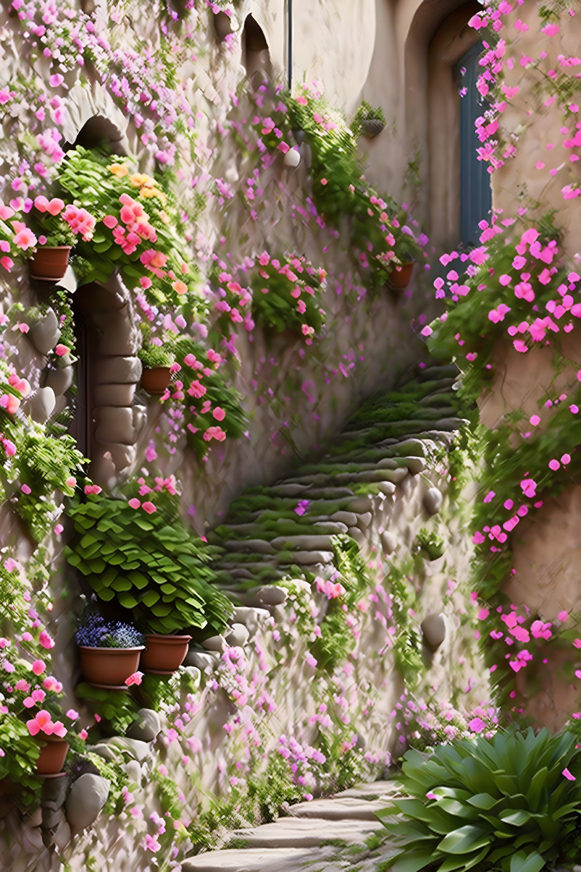 Stone stairway with pink bougainvillea, potted plants, and ivy under warm lighting