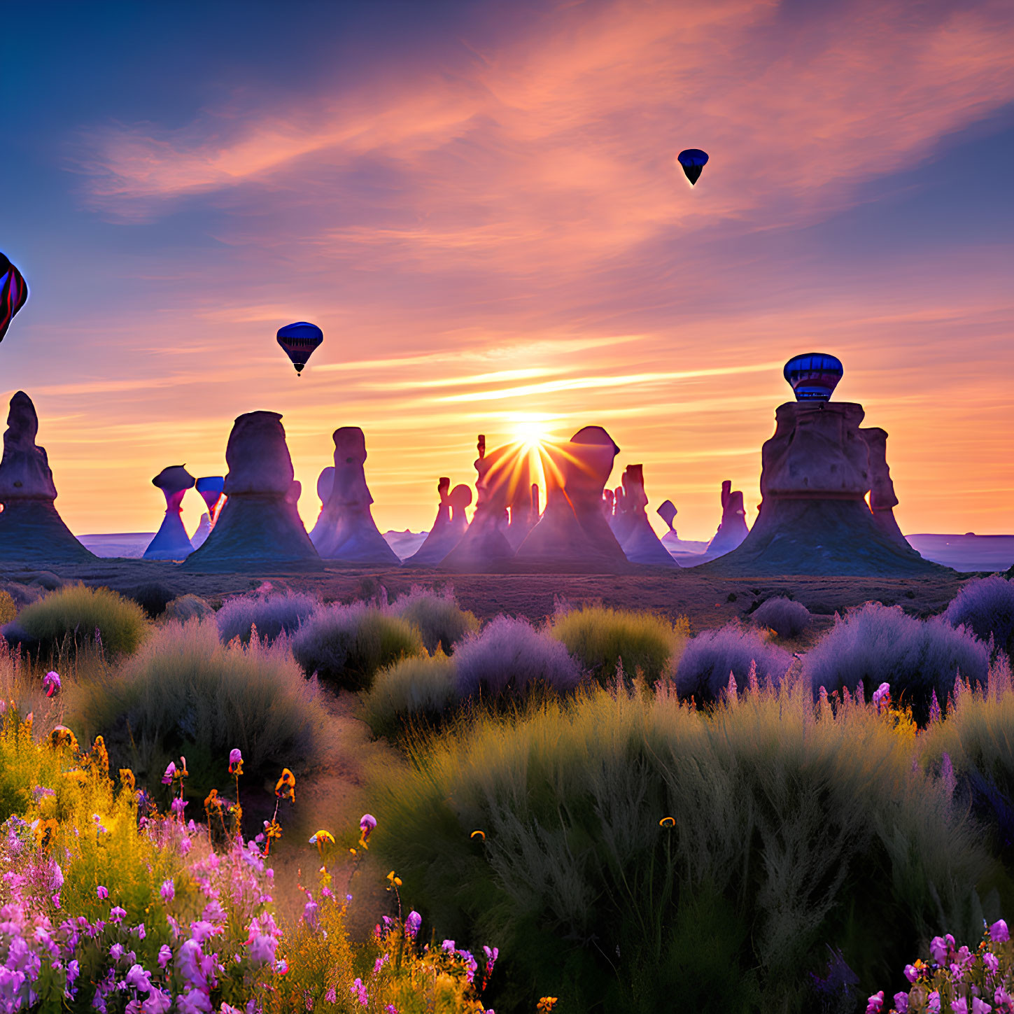 Colorful hot air balloons soar over majestic rock formations and vibrant wildflowers at sunrise