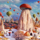 Whimsical landscape with mushroom houses and hot air balloons in blue sky