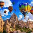 Colorful hot air balloons flying over vibrant fantasy landscape with rainbow sky