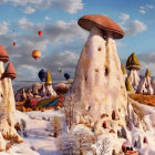 Colorful surreal landscape with mushroom structures and whimsical houses