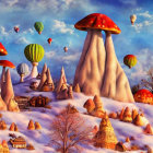Colorful Oversized Mushrooms in Fantastical Snowy Landscape