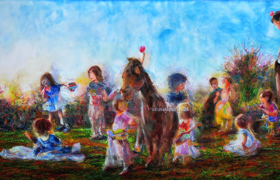 Colorful impressionistic painting of children playing in a lush meadow