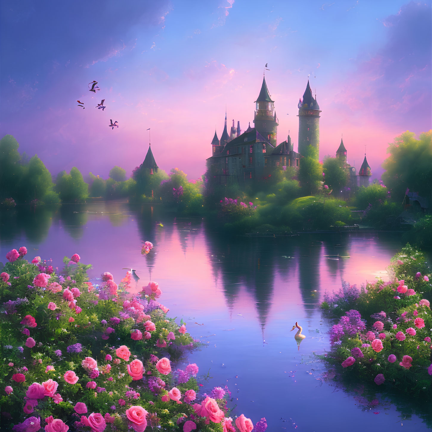 Fairytale Castle Reflecting in Tranquil Lake Amid Pink Roses