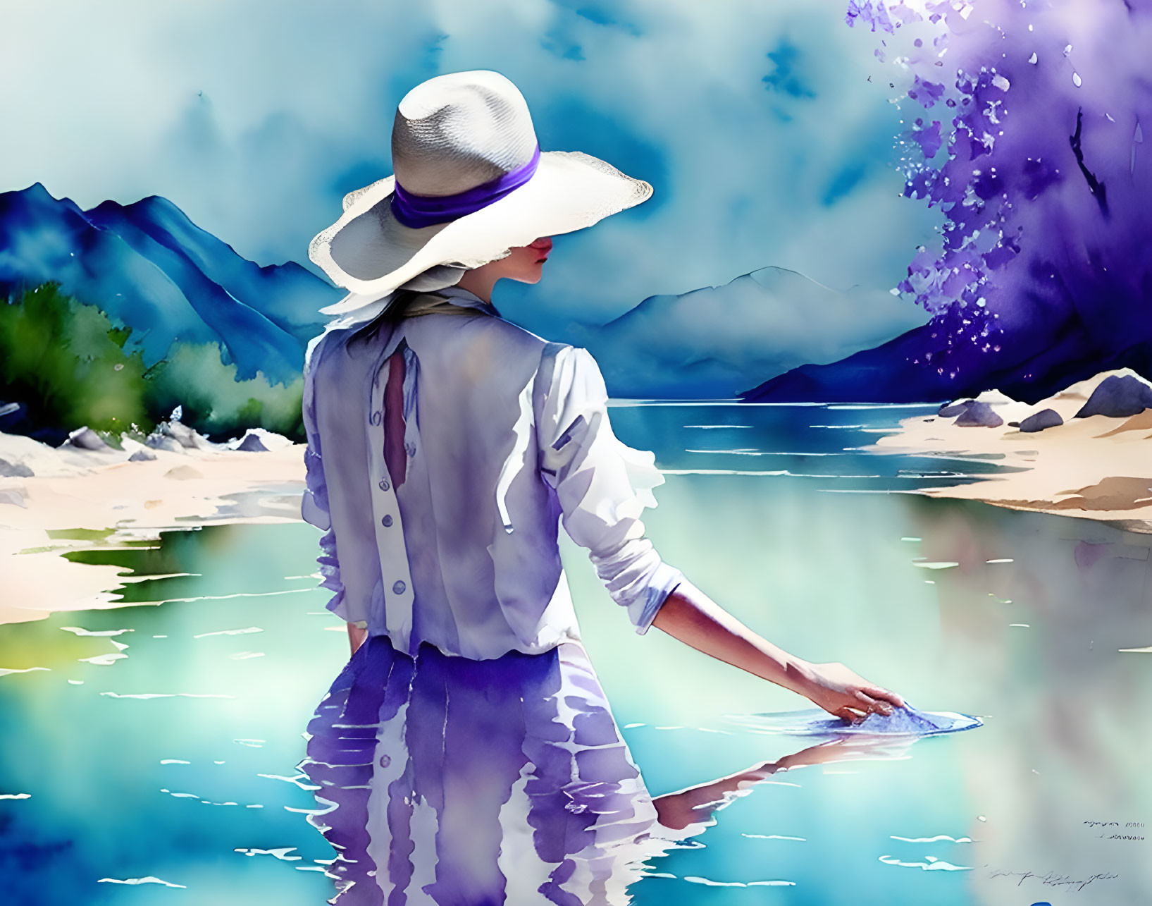Woman in White Hat and Blue Dress by Lakeshore with Mountains and Purple Splash