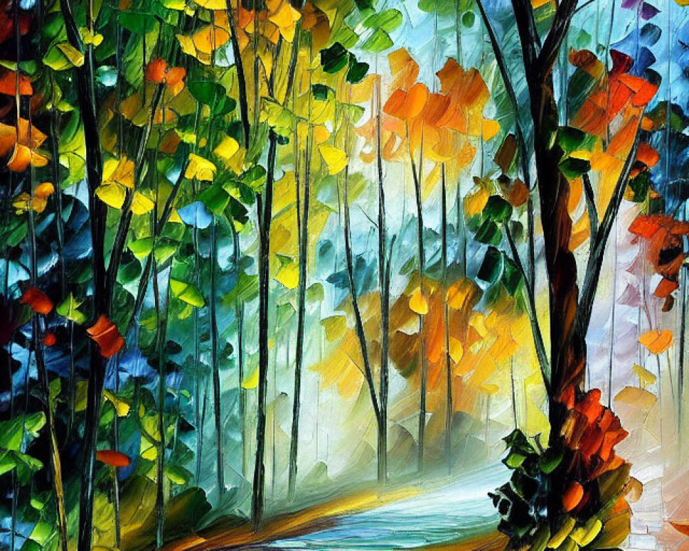 Colorful Autumn Forest Painting with Reflective Water Body